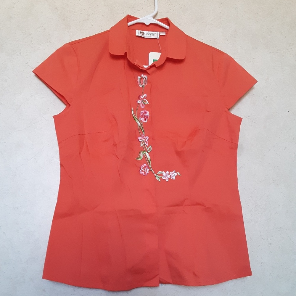Hamin coral orange blouse with embroidered flowers